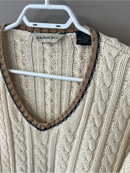 G.H. Bass & Co. Sweaters - G.H. Bass & Co. Cream Cable Knit V-Neck Sweater with Tan & Navy Trim